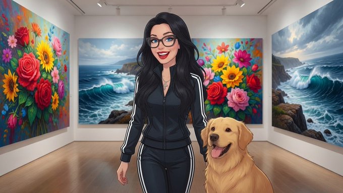 A cartoon-style illustration of a woman with long dark hair and glasses in a black tracksuit standing beside a golden retriever in an art gallery featuring vibrant ocean and floral paintings.