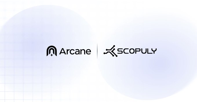 A minimalist logo banner showing the partnership between Arcane and Scopuly on a light blue background.