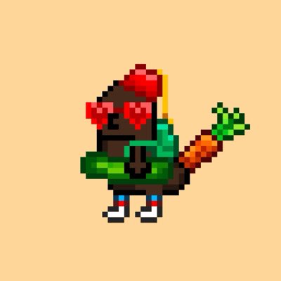 A pixel art character from the CryptoDickbutts NFT collection, featuring a bird-like creature with heart sunglasses, a red cap, green shirt, and carrying a carrot, set against a tan background as the user's new profile picture.