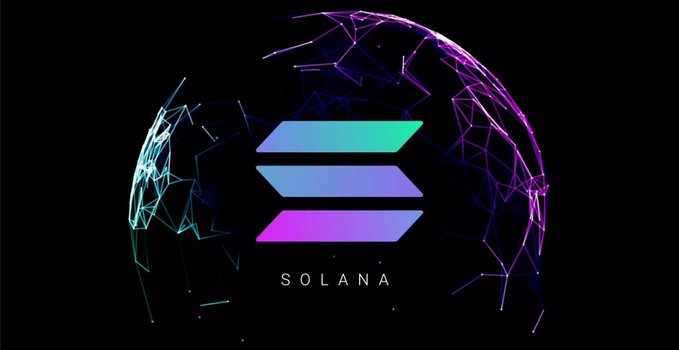The Solana logo featuring three gradient-colored parallelograms (green, blue, pink) surrounded by a glowing purple and blue wireframe sphere on a black background, with 'SOLANA' text below.
