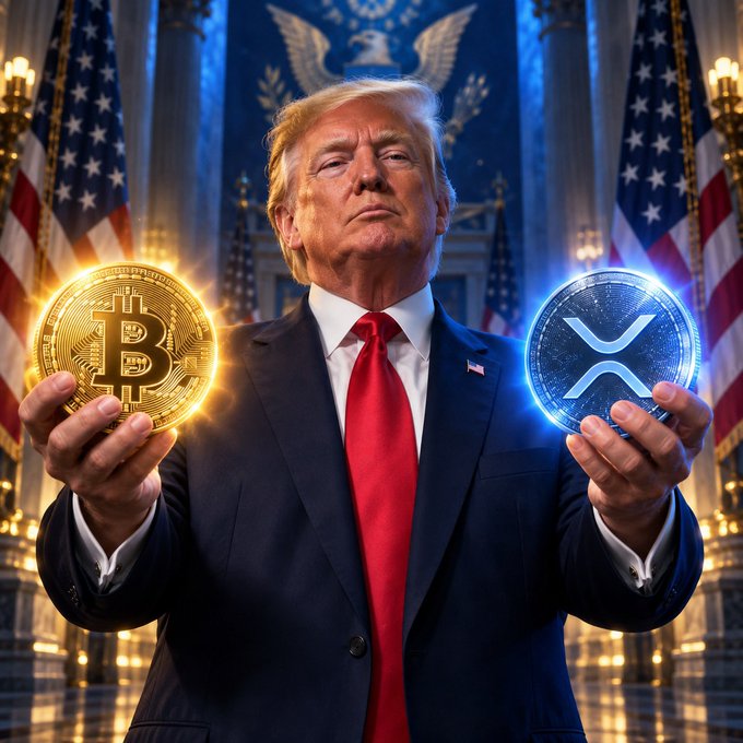 A man resembling Donald Trump, wearing a dark suit and red tie, stands in an ornate hall framed by American flags, holding a glowing gold Bitcoin coin in one hand and a blue XRP coin in the other. The image visually reinforces the post's message about Trump and federal agencies (SEC and CFTC) potentially seizing control of crypto regulation—including Bitcoin and XRP—in the absence of the CLARITY Act.