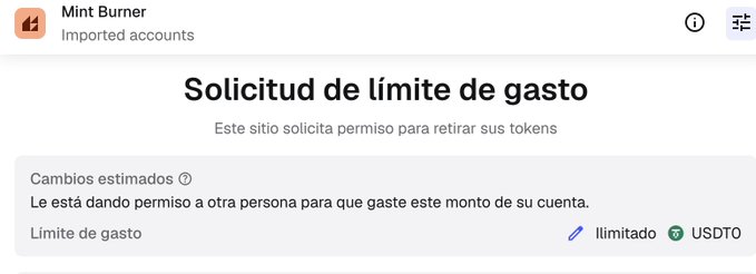 A web interface for 'Mint Burner' displaying a Spanish-language 'Solicitud de límite de gasto' (spending limit request) for USDTO tokens.