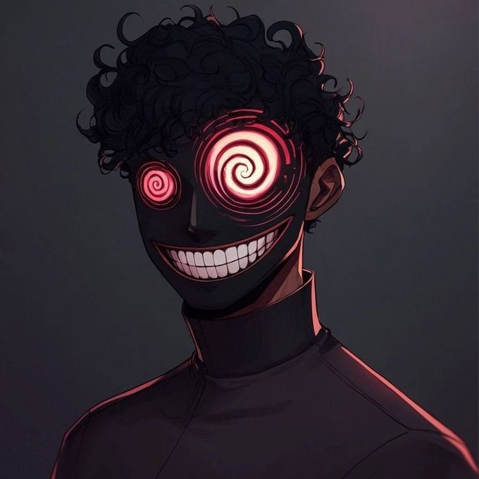 A dark anime-style illustration of a figure with glowing red spiral eyes and a wide, menacing grin.