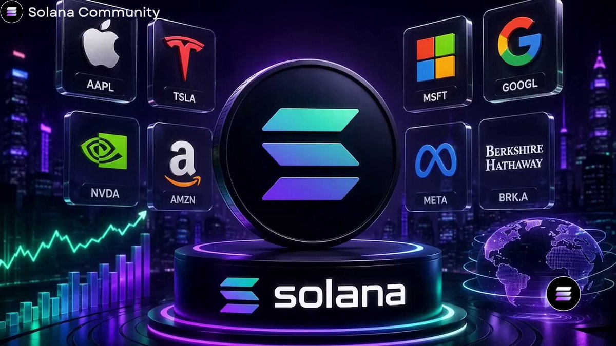 The image features an infographic with a black circle filled with blue and green text spelling out the word "Solana" surrounded by small illustrations of logos for various companies such as Apple, Tesla, Microsoft, Google, Instagram, Amazon, and bitcoin. The background depicts a city skyline at night, emphasizing the connection between Solana and modern financial markets. The text in the image suggests that Solana is being used to tokenize equities, which might be perceived as different from traditional trading practices due to its user-friendly nature with fast execution and low fees, making it an attractive option for some investors who are looking for efficient and low-cost investments.
