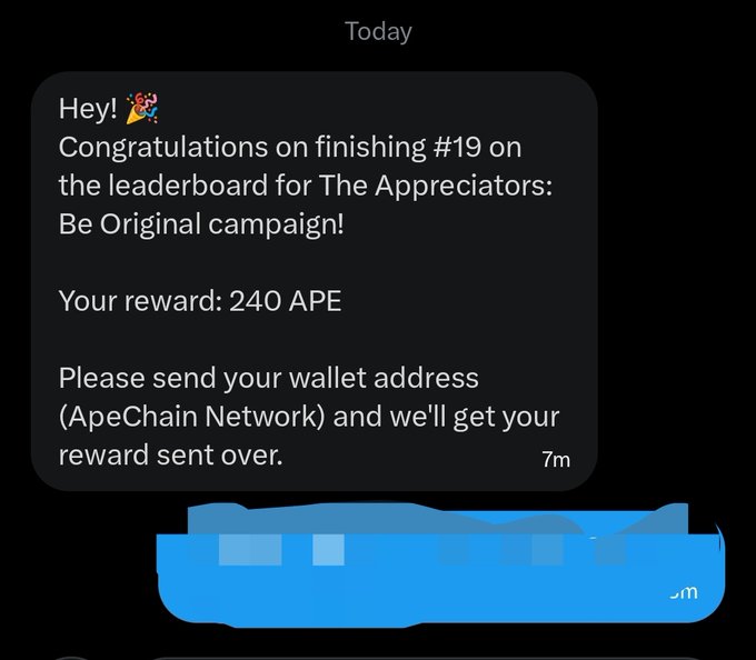 The image shows a text message from someone named @3look-io, congratulating the recipient of an Appreciation award. The message reads "Congratulations on finishing #19 on the leaderboard for The Appreciators! Be original campaign!" The person who sent the message is expressing their gratitude and appreciation to the recipient for their hard work and dedication.