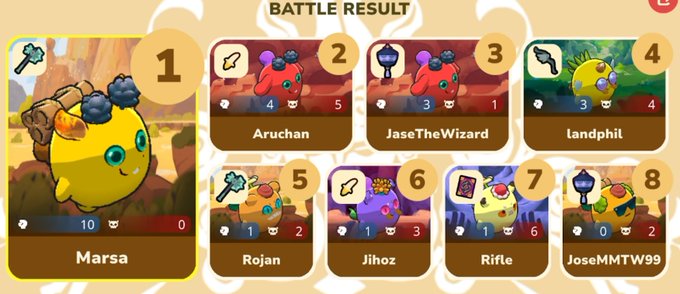 A mobile game 'BATTLE RESULT' screen showing player Marsa in 1st place with 10 kills, followed by Aruchan, JaseTheWizard, Landphil, Rojan, Jihoz, Rifle, and JoseMMTW99.