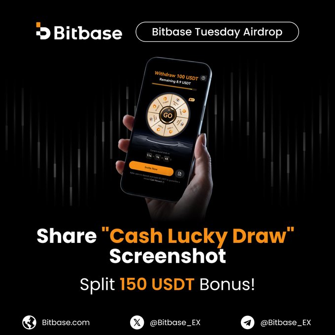 A promotional advertisement for Bitbase's 'Bitbase Tuesday Airdrop' event, featuring a smartphone displaying a 'Cash Lucky Draw' wheel and text reading 'Share Cash Lucky Draw Screenshot, Split 150 USDT Bonus!'