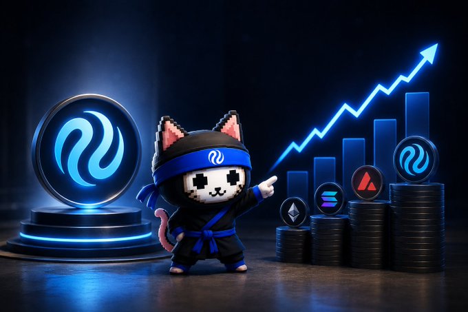 A 3D cartoon cat dressed as a ninja in a black and blue outfit points toward a glowing upward chart alongside crypto coin stacks and tokens.