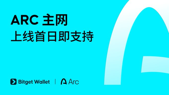 A teal promotional graphic from Bitget Wallet announcing "ARC 主网上线首日即支持" (ARC Mainnet supported on Day 1), featuring the Bitget Wallet and Arc logos at the bottom, with a stylized "A" design on the right side. The image visually reinforces the announcement of Day 1 support for the Arc mainnet integration.