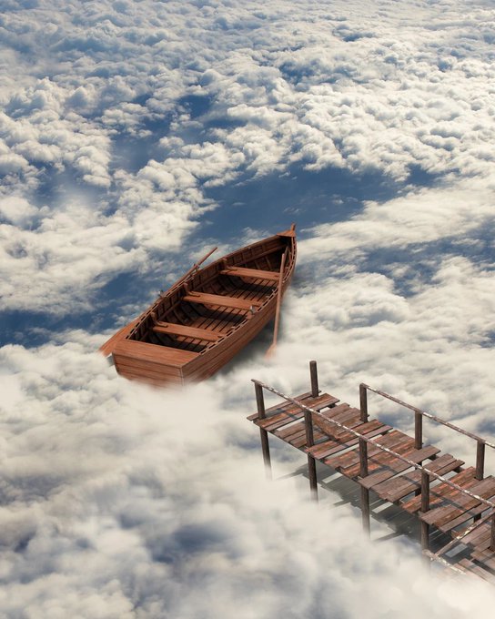 A surreal digital artwork depicting a wooden rowboat and a wooden dock floating above a sea of fluffy white clouds.