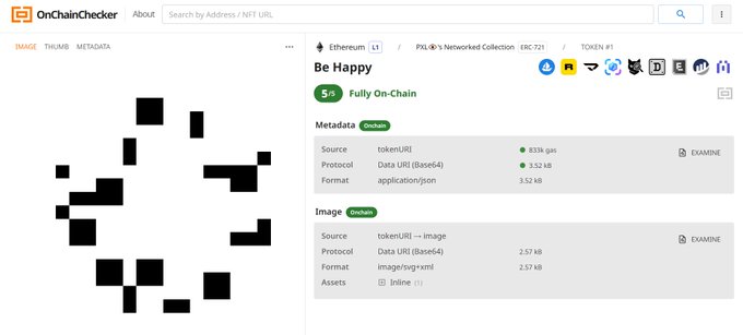A screenshot of the OnChainChecker website displaying metadata for an NFT called 'Be Happy' on the Ethereum blockchain, showing scattered black squares on a white background.