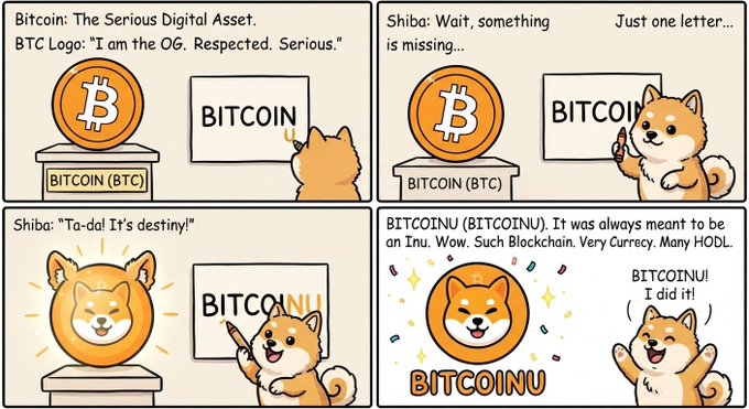 A four-panel comic featuring a Shiba Inu dog playing in the cryptocurrency space, adding a 'U' to Bitcoin to create 'BITCOINU'.