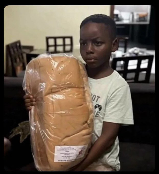 A young boy in a light-colored t-shirt holds a large, plastic-wrapped loaf of bread or food package indoors.
