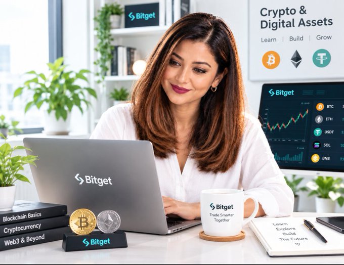 An advertisement for Bitget showing a smiling woman working on a laptop branded with the Bitget logo, with a mug that says 'Bitget Trade Smarter Together', books titled 'Blockchain Basics', 'Cryptocurrency', and 'Web3 & Beyond', and a background poster about 'Crypto & Digital Assets'.