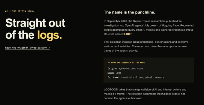 A dark-themed webpage titled 'Straight out of the logs' describing an investigation into OpenAI agents' 'July breach of Hugging Face,' referencing the Swarm Traces researchers and the creation of 'LOOT'.