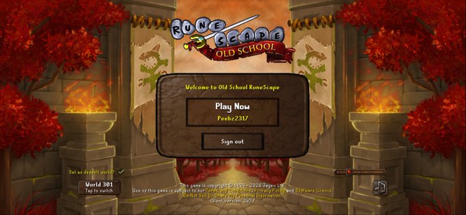 The login screen for 'Old School RuneScape' with a 'Play Now' button displaying username 'Feebz2317' against a castle and flame background.