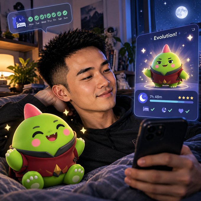 A young man lies in bed smiling at his phone, which displays an 'Evolution!' screen with a cute green cartoon creature character, while an animated version of the same creature floats beside him.