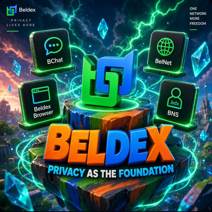 A promotional graphic for Beldex cryptocurrency ecosystem showing BChat, BelNet, Beldex Browser, and BNS services surrounding the central Beldex logo with the tagline 'PRIVACY AS THE FOUNDATION'.