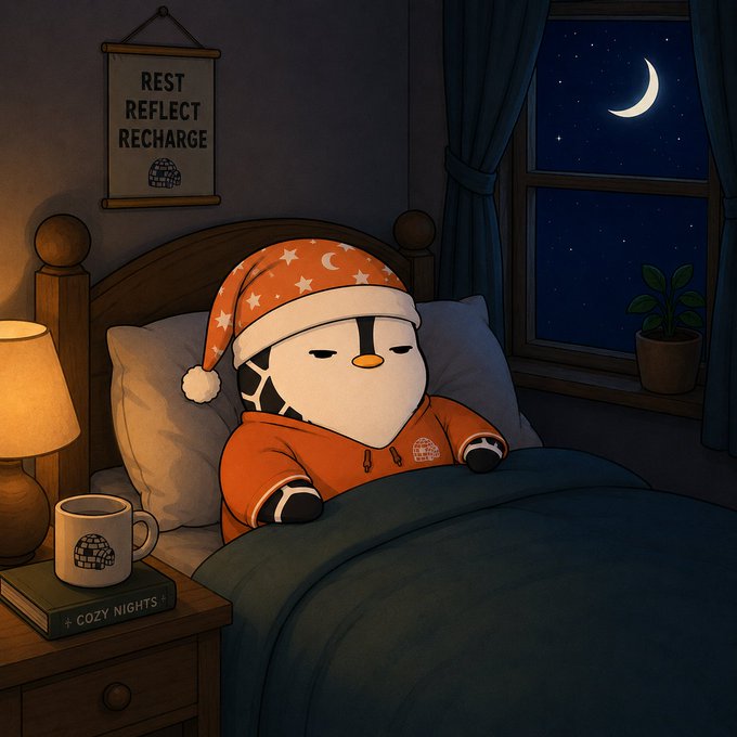 A cozy illustrated scene features a penguin wearing an orange nightcap and hoodie sleeping in bed, with a "REST REFLECT RECHARGE" scroll on the wall and a "COZY NIGHTS" book beside a mug on the nightstand.
