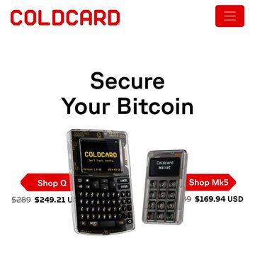A promotional webpage screenshot for COLDCARD with the tagline "Secure Your Bitcoin," showing two hardware wallet devices with prices: Shop Q at $249.21 USD and Shop Mk5 at $169.94 USD.