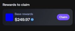 Screenshot of a digital rewards interface with the text 'Rewards to claim', 'Base rewards', '$249.97', and a purple 'Claim' button.