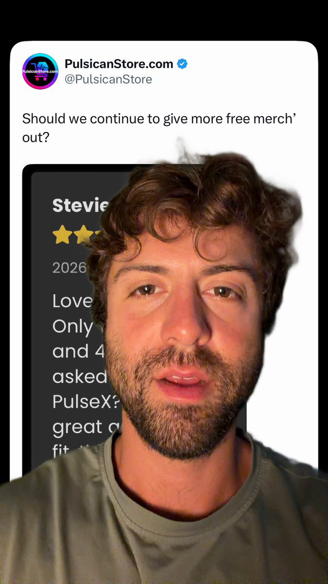 The image features a man with curly hair wearing a green shirt, who appears to be making a funny face for the camera. The background of the photo is white, which contrasts with the man's dark hair. There are also some text elements in the image that include "Pulsar" and "PulsonStore.com", possibly indicating the source or brand of the merchandise being discussed on social media.