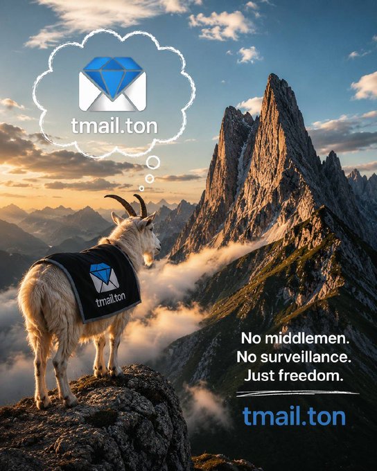 A promotional image for tmail.ton featuring a goat on a mountain peak thinking about the tmail.ton email logo, with the tagline 'No middlemen. No surveillance. Just freedom.'