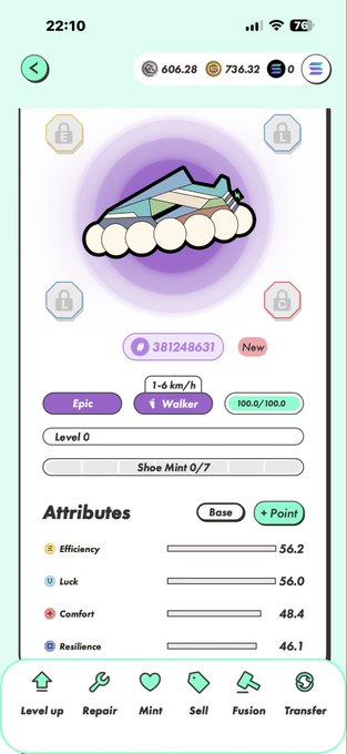 Sneaker NFT detail screen for Epic Walker sneaker #381248631 at Level 0, showing attributes: Efficiency 56.2, Luck 56.0, Comfort 48.4, Resilience 46.1.