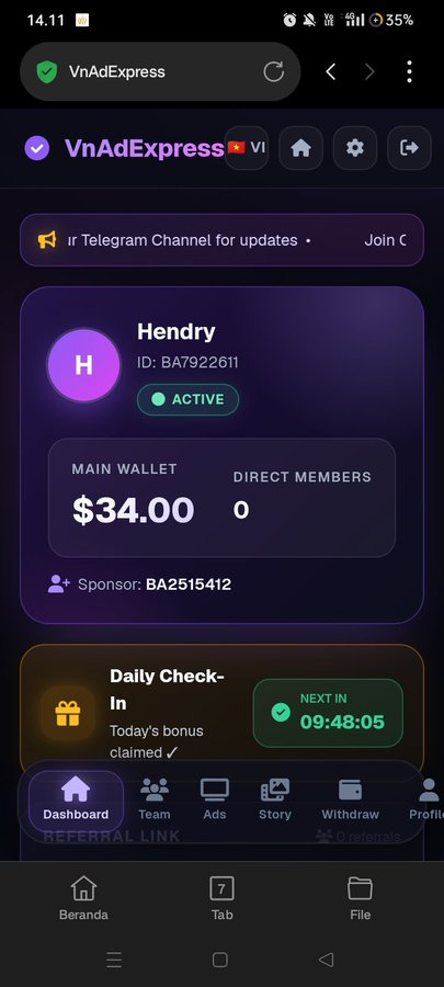 A mobile screenshot of the VnAdExpress website displaying a user profile for "Hendry" (ID: BA7922611), ACTIVE badge, MAIN WALLET of $34.00, 0 direct members, sponsor BA2515412, and a Daily Check-In section with a 09:48:05 countdown.