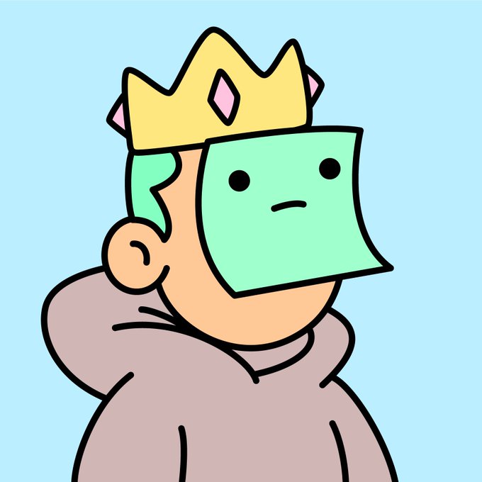 An illustration of a cartoon character wearing a yellow crown with a pink gem and a green square mask over their face, set against a light blue background.