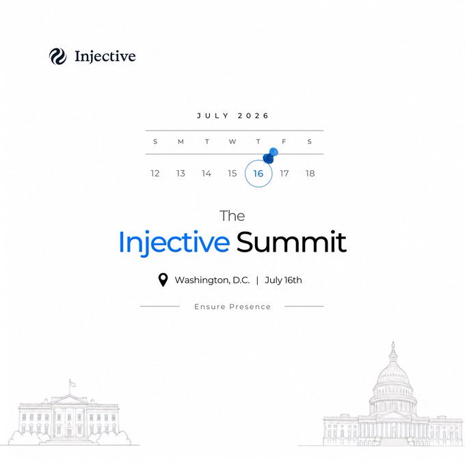 A promotional graphic for 'The Injective Summit' taking place on July 16th in Washington, D.C., featuring a calendar view, the Injective logo, and line drawings of the White House and Capitol building.