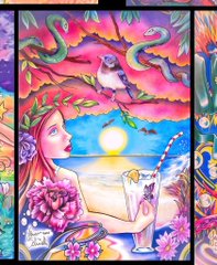 A vibrant, colorful fantasy illustration showing a woman's profile, a dolphin, tropical birds, flowers, and a starry ocean scene.