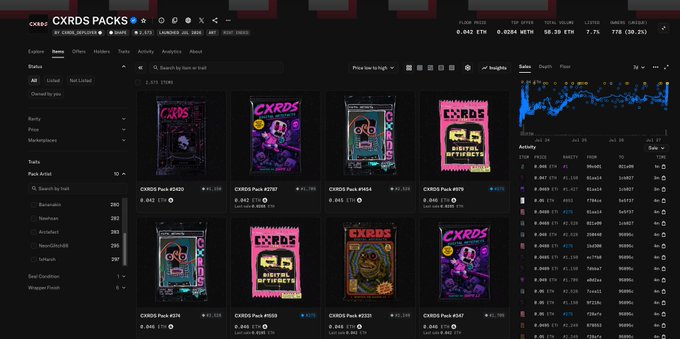 Screenshot of the CXRDS website showing a marketplace for NFT packs with various collectible packs listed for sale, including prices displayed in ETH.