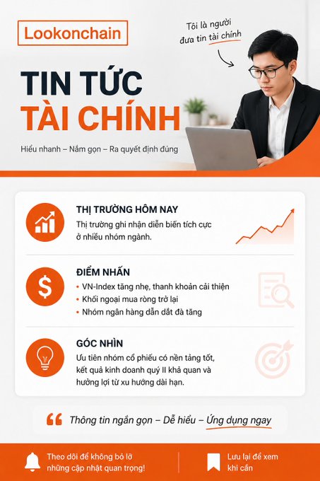 The image is a Vietnamese-language financial news promotional graphic from "Lookonchain" featuring a man in a suit using a laptop, with text highlighting "TIN TỨC TÀI CHÍNH" (Financial News) and market summaries about VN-Index gains, broadened foreign buying, and leading banking stocks rising. The post about a whale depositing 3,200 ETH ($1.1M profit) into Binance after an 8% price surge relates to the "GÓC NHÌN" (Perspective) section's emphasis on insights and applications, fitting the platform's promise of delivering "ngắn gọn – dễ hiểu – ứng dụng ngay" (concise, easy-to-understand, immediately applicable) crypto market updates.