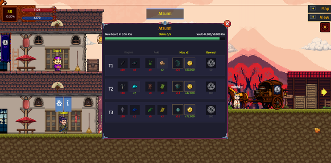 A pixel art video game screenshot showing an 'Atsumi' dungeon or vault interface with three tiers (T1, T2, T3) listing various rewards and items, set against an East Asian-themed backdrop with a character named Stella.