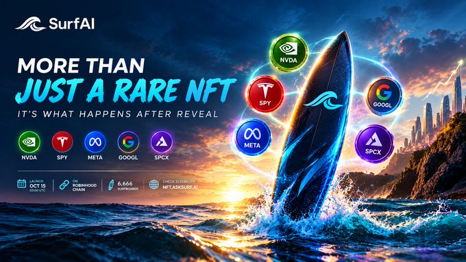 An advertisement for SurfAI showing a surfboard emerging from ocean waves with partner logos (NVDA, SPY, META, GOOGL, SPCX), promoting an NFT launch on Oct 15 with countdown and social handles.