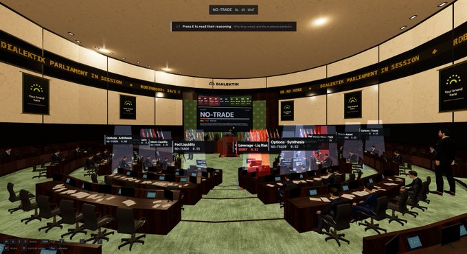 A 3D-rendered futuristic parliamentary chamber with the text 'NO-TRADE', 'DEALEKTIK PARLIAMENT IN SESSION', and various digital displays.