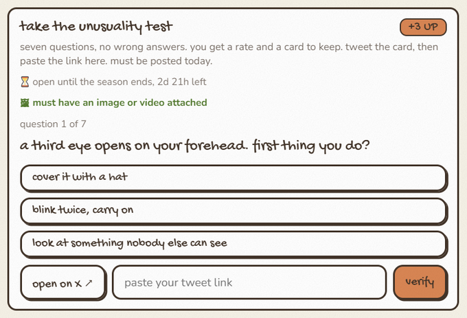 A quiz interface titled "take the unusuality test" showing question 1 of 7: "a third eye opens on your forehead. first thing you do?" with three answer options and a tweet link input field.
