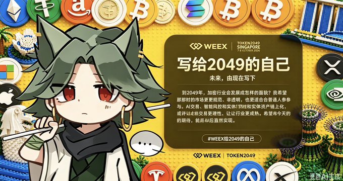 A WEEX 'TOKEN2049 SINGAPORE' promotional poster featuring an anime-style character, with the Chinese text '写给2049的自己' (A Letter to Yourself in 2049), set against a background of cryptocurrency logos.