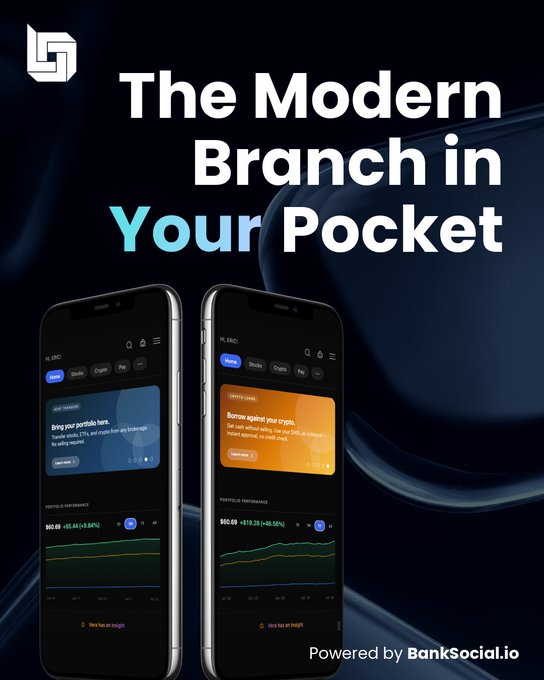 An advertisement for BankSocial.io featuring two smartphones displaying crypto portfolio screens with the headline 'The Modern Branch in Your Pocket.'