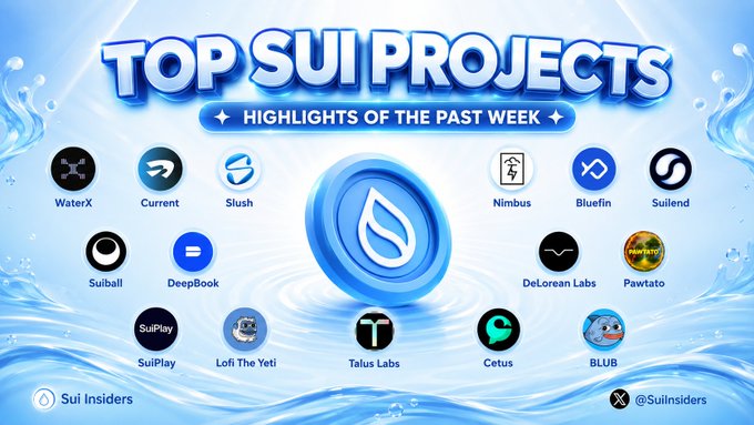A blue water-themed graphic titled "TOP SUI PROJECTS — HIGHLIGHTS OF THE PAST WEEK" features the Sui logo surrounded by project icons including WaterX, Current, Slush, Nimbus, Bluefin, Suilend, Suiball, DeepBook, DeLorean Labs, Pawtato, SuiPlay, Lofi The Yeti, Talus Labs, Cetus, and BLUB, with "Sui Insiders" and "@SuiInsiders" branding at the bottom.

The image complements the post by visually showcasing the ecosystem roundup, displaying the logos of the highlighted builders (WaterX, Current, Slush, Suiball, DeepBook, SuiPlay, Lofi The Yeti, Talus Labs, and Cetus) alongside additional notable Sui projects.