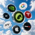 A cluster of floating bubble icons featuring logos for Google, Nvidia, SPY, Apple, an unknown "x" logo, and a red "T" appear against a blue sky, symbolizing tech and stock market growth. The image ties to the post's announcement of an upgrade, visually representing the brands and assets featured in the updated "Ponsdotfamily" v2.