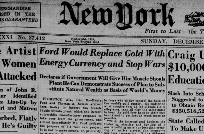The image shows an old newspaper page featuring a headline about Bitcoin reaching $1,000,000. The article discusses how Henry Ford's thoughts on energy currency instead of gold were relevant in today's context. It explores whether Bitcoin can replace gold as a currency due to its potential to offer greater accessibility and democratize financial control. This notion is supported by historical discussions, where leaders like Ford believed that a new form of currency tied to energy could bring about economic equality and better distribute wealth more fairly among people. The newspaper headline and content highlight the idea that Bitcoin can potentially replace or challenge traditional forms of currency in favor of an energy-based economy.