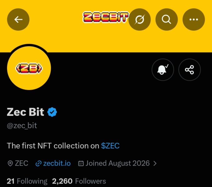 A screenshot of a Twitter/X profile for "Zec Bit" (@zec_bit) with a yellow header, described as "The first NFT collection on $ZEC", joined August 2026, with 21 following and 2,260 followers.