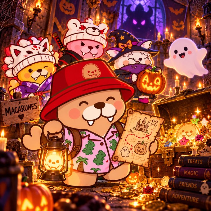 A colorful Halloween-themed illustration featuring cute cartoon animals dressed in costumes, a pumpkin lantern, a ghost, and books labeled 'TREATS', 'MAGIC', 'FRIENDS', and 'ADVENTURE'.