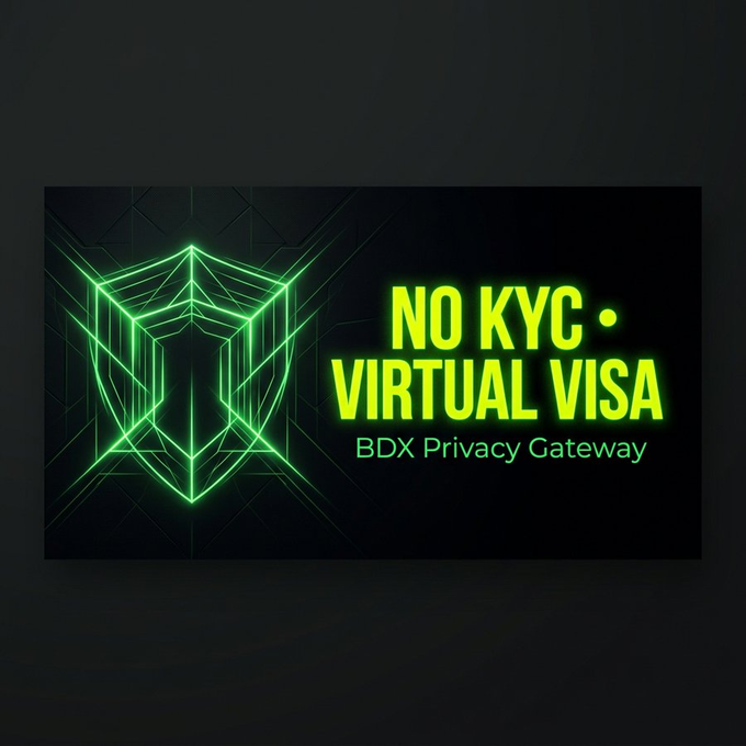 A digital graphic featuring a glowing green shield logo with the text 'NO KYC • VIRTUAL VISA' and 'BDX Privacy Gateway' on a black background.
