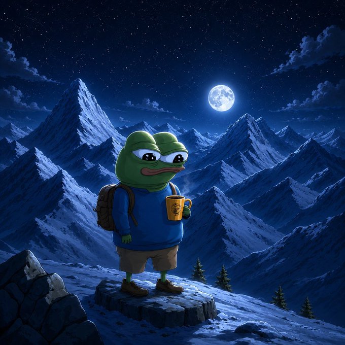A cartoon frog in hiking gear stands on a snowy mountain peak holding an orange mug, gazing up at a full moonlit night sky. The adventurous "nightcap" scene pairs with the post's goodnight message and bullish $BARS ticker reference, capturing a relaxed end-of-day vibe.