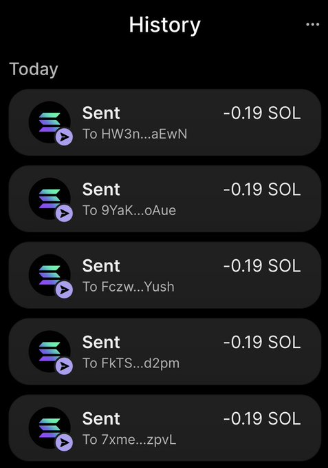 A phone screen shows Solana transaction history with five “Sent” entries, each for “-0.19 SOL,” addressed to shortened wallet addresses. This supports the post’s claim of sending money and prizes to users, while inviting others to interact, like, and turn on notifications.