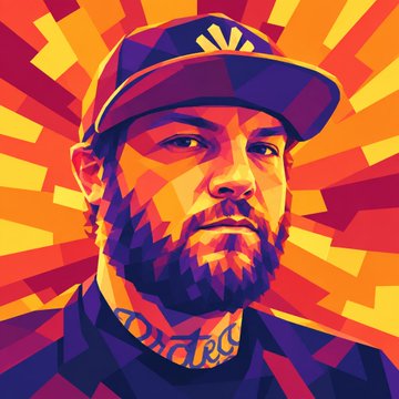 A colorful geometric pop-art style portrait of a bearded man wearing a cap with a sunburst pattern in the background.