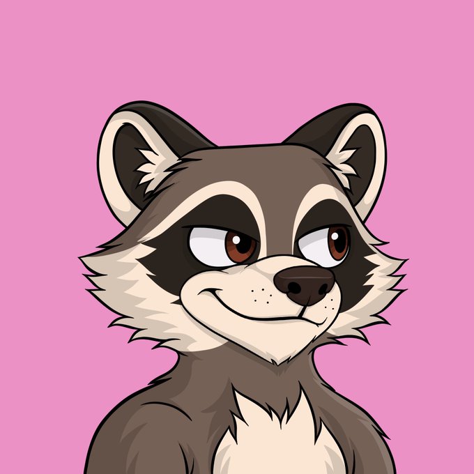 A cartoon illustration of a smiling raccoon character with brown fur and dark eye markings against a pink background.